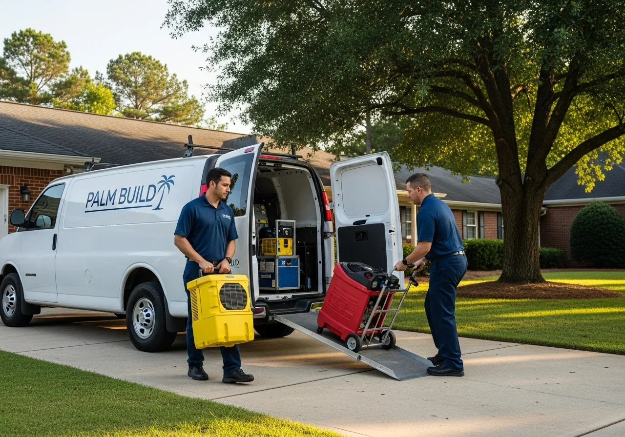 Palm Build restoration team unloading commercial dehumidifier and air mover equipment from a branded work van at a Gaffney SC brick ranch home