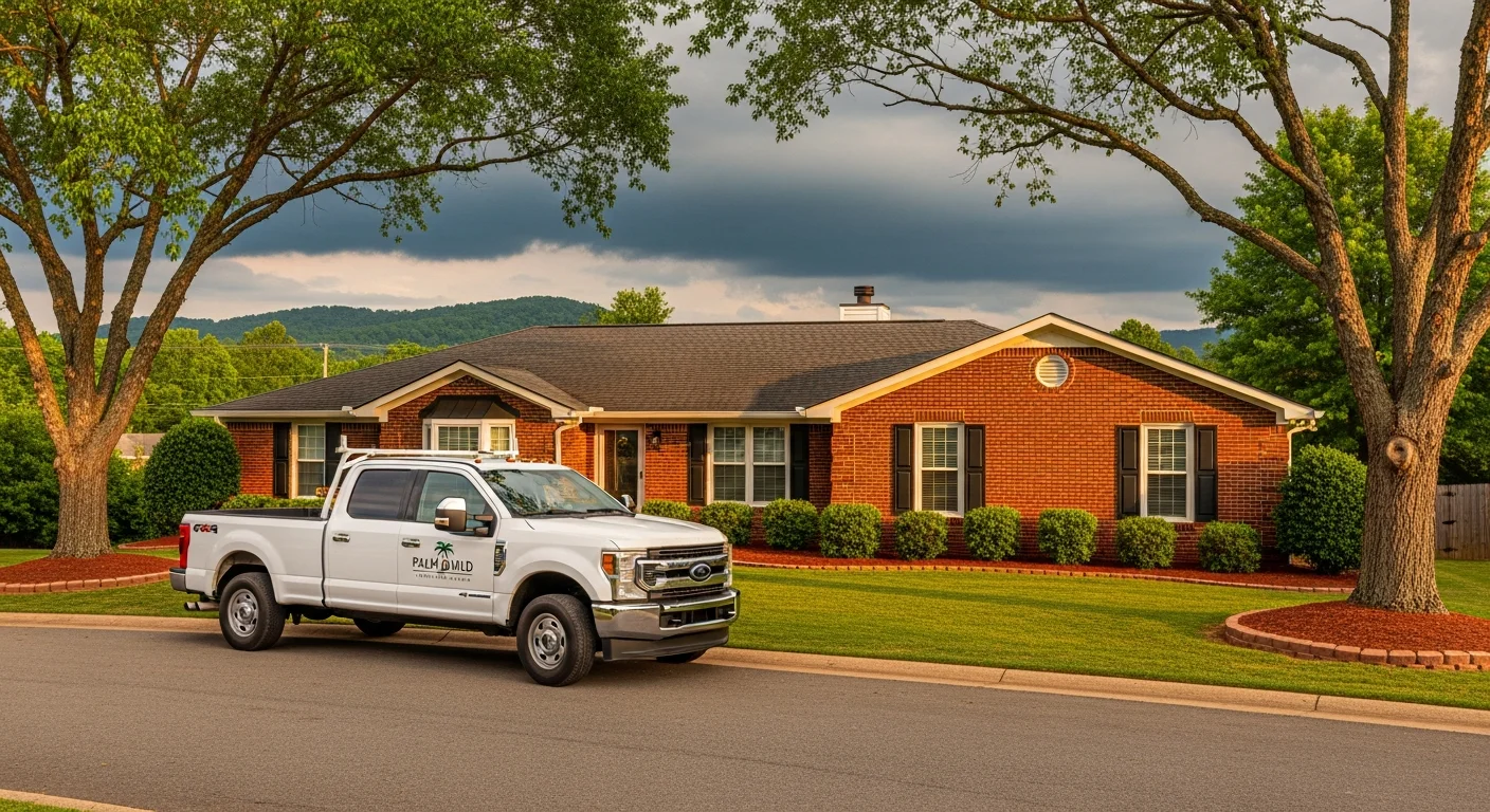 Palm Build restoration truck parked at a brick veneer ranch home in Gaffney, South Carolina with storm clouds building over the Piedmont foothills