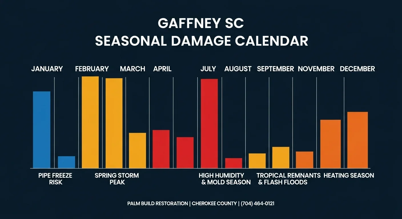 Seasonal mold risk calendar infographic for Gaffney SC showing critical summer peak and year-round risk factors