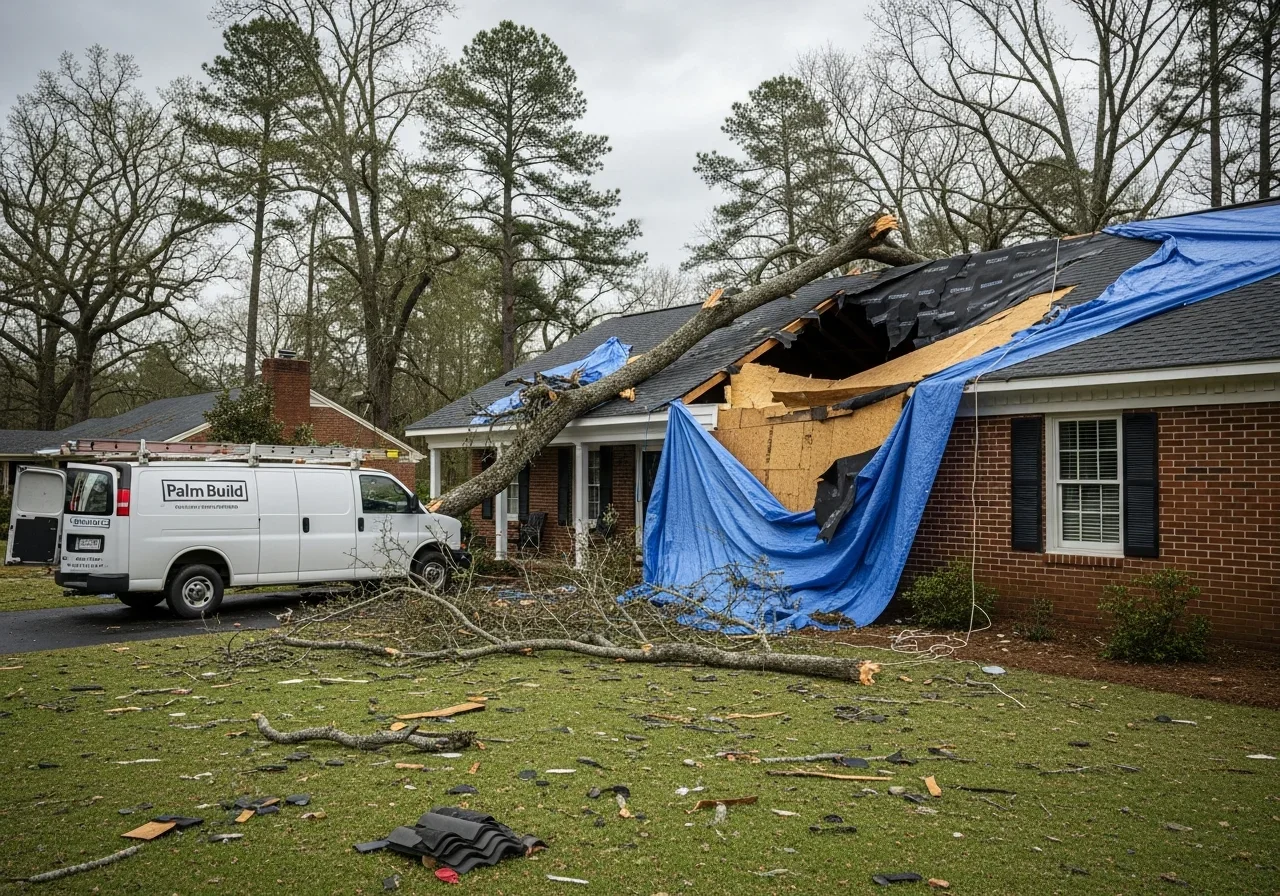 Storm damage to a residential roof in Gaffney SC with fallen tree limb and visible shingle loss being assessed by Palm Build crew