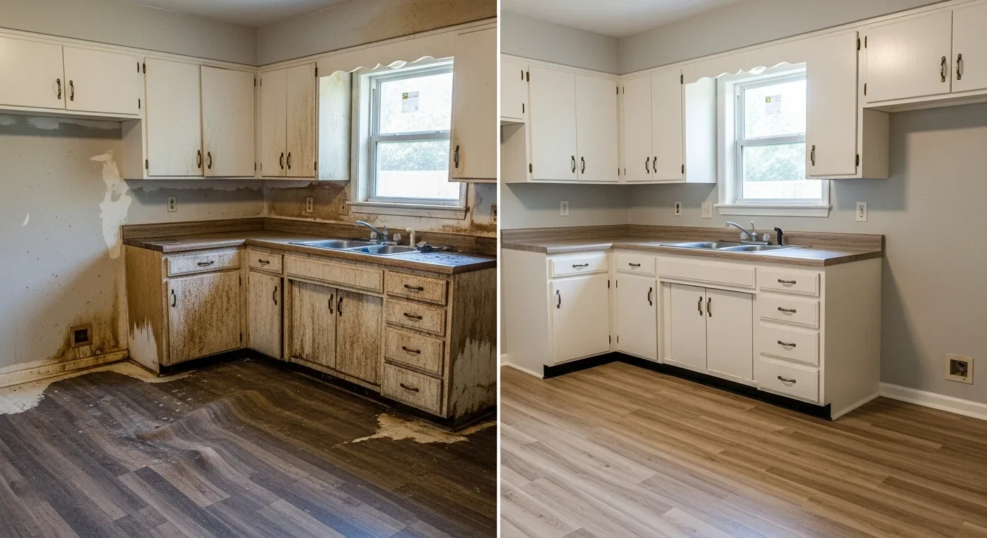 Before and after comparison showing water-damaged kitchen flooring and cabinets in a Gaffney SC home fully restored by Palm Build restoration team
