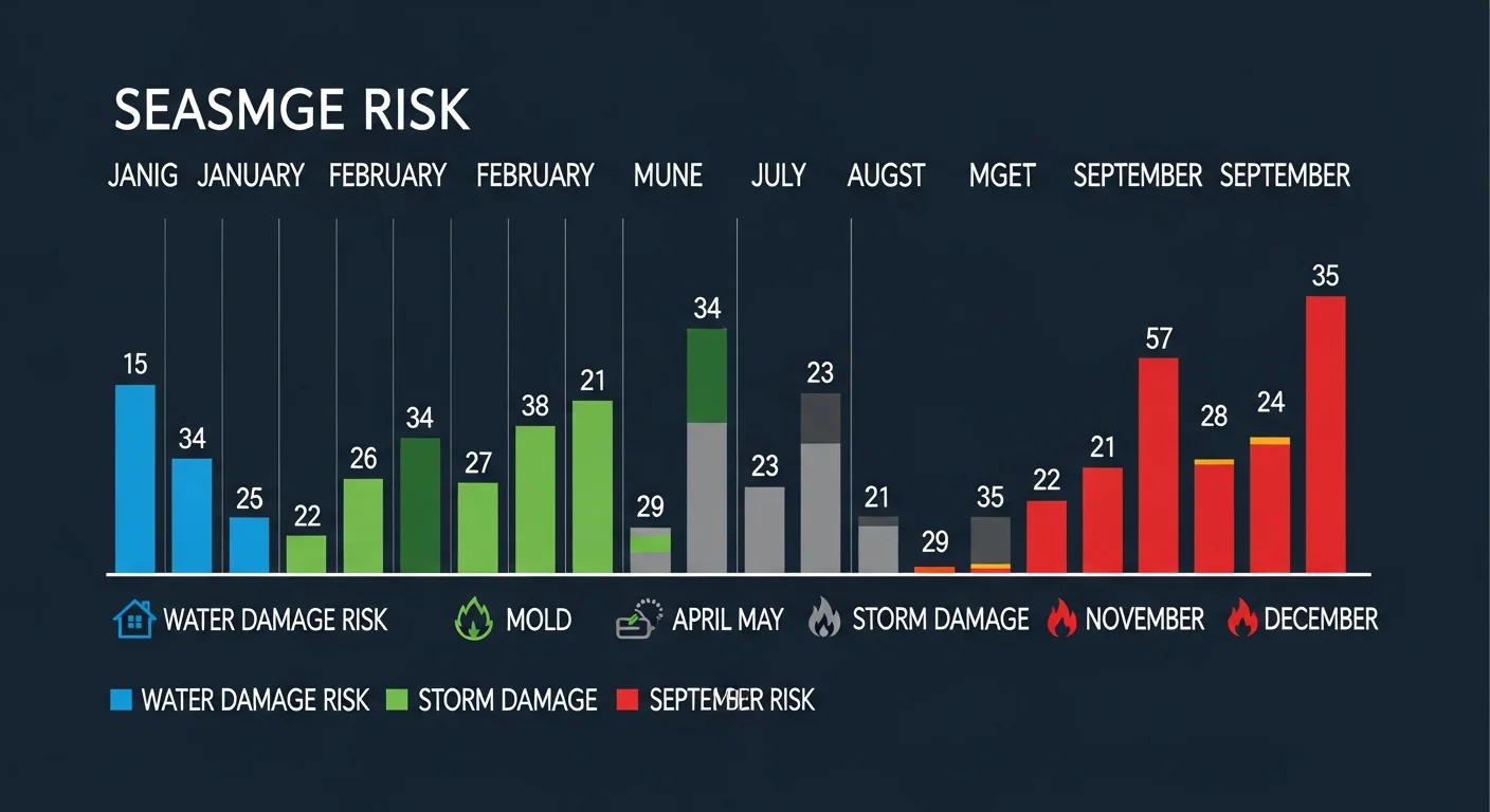 Seasonal storm damage calendar infographic for Gastonia, North Carolina showing tornado, hail, hurricane remnant, and winter storm risk by month throughout the year