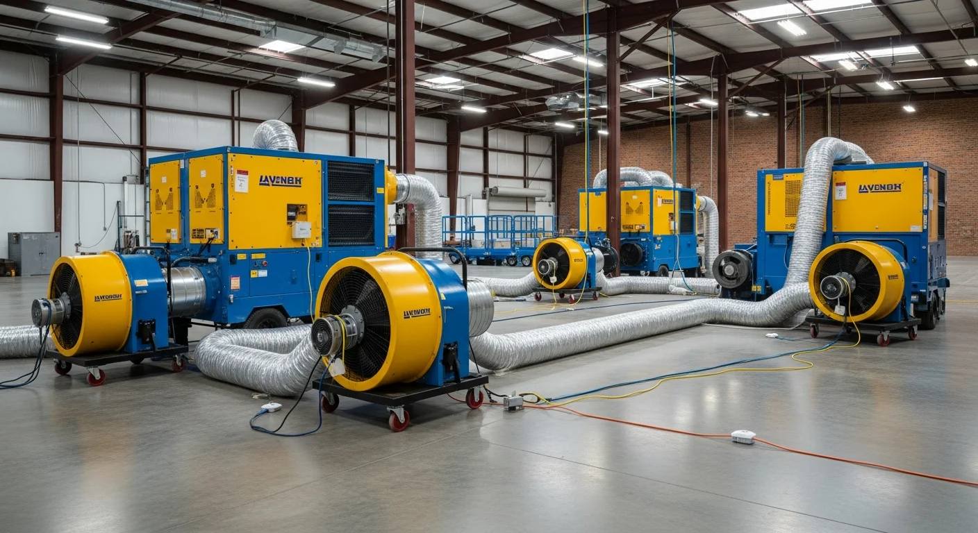 Industrial-scale commercial drying equipment deployed inside a large Gastonia, North Carolina commercial building with multiple dehumidifiers and air movers operating simultaneously