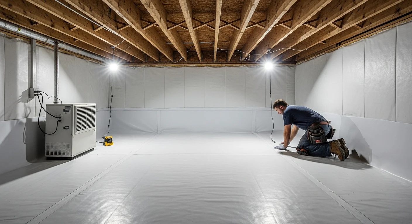 Completed crawl space encapsulation in a Gastonia, North Carolina home showing sealed 20-mil vapor barrier, closed foundation vents, and commercial dehumidifier installation