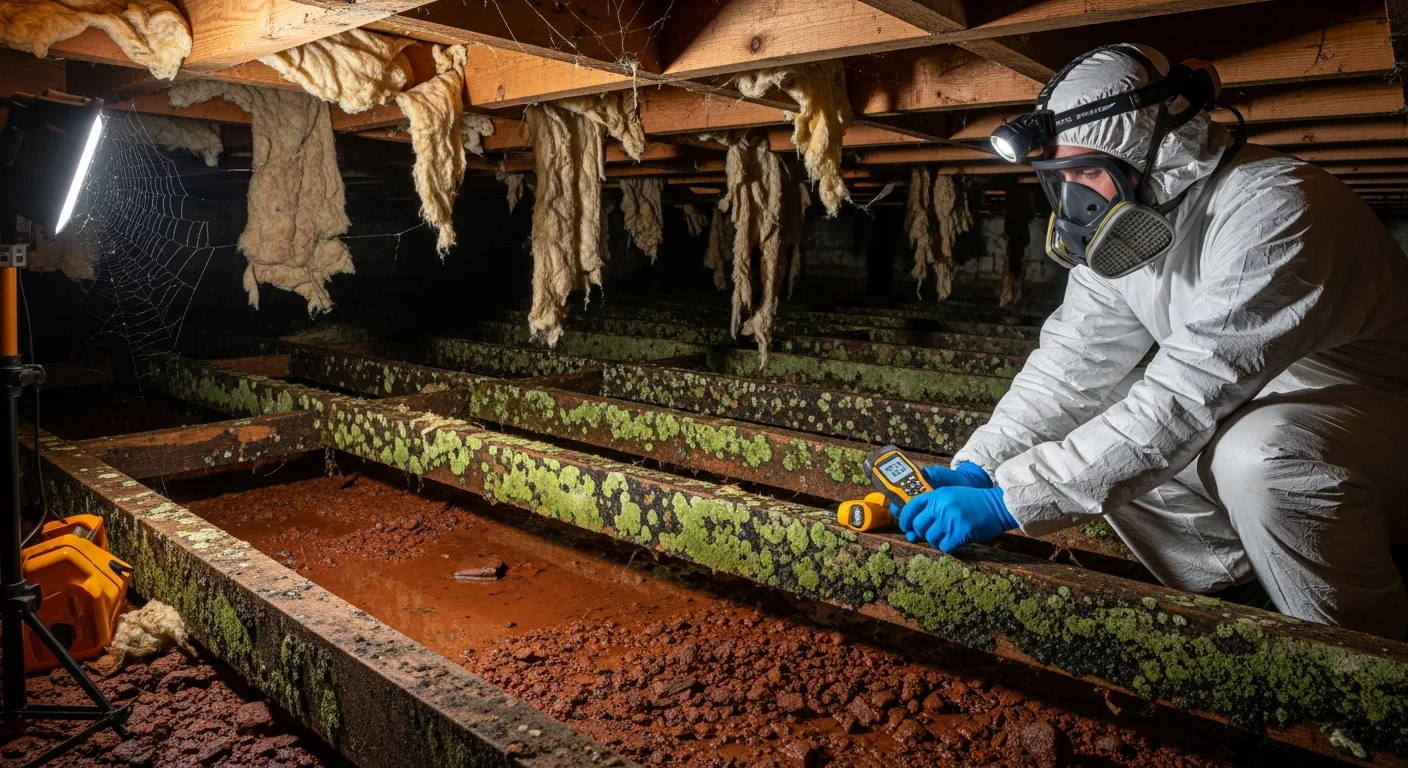 Palm Build technician inspecting mold growth on floor joists in a vented crawl space beneath a Gastonia, North Carolina brick ranch home with red clay soil visible