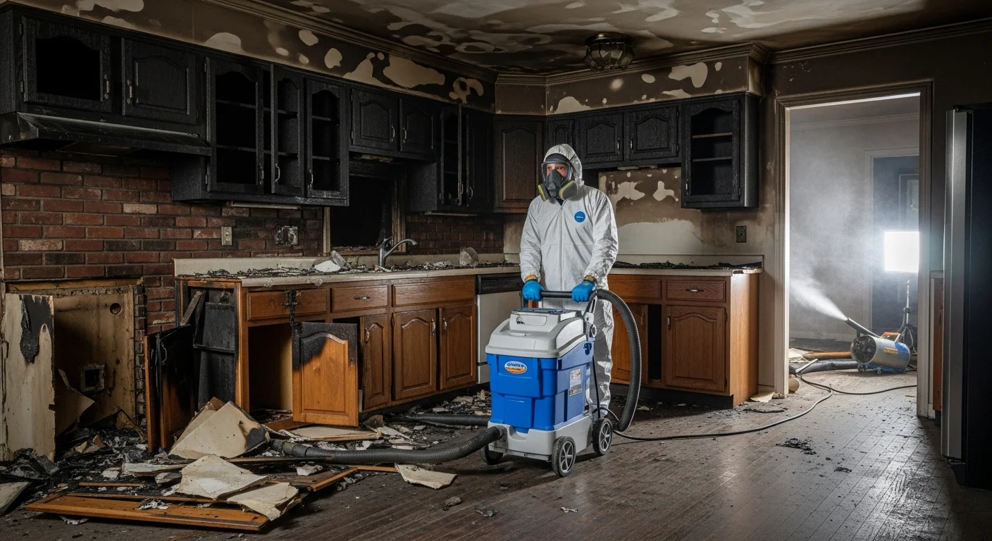 Palm Build fire and smoke restoration crew working inside a fire-damaged Gastonia, North Carolina home with HEPA air scrubbers and soot cleaning equipment