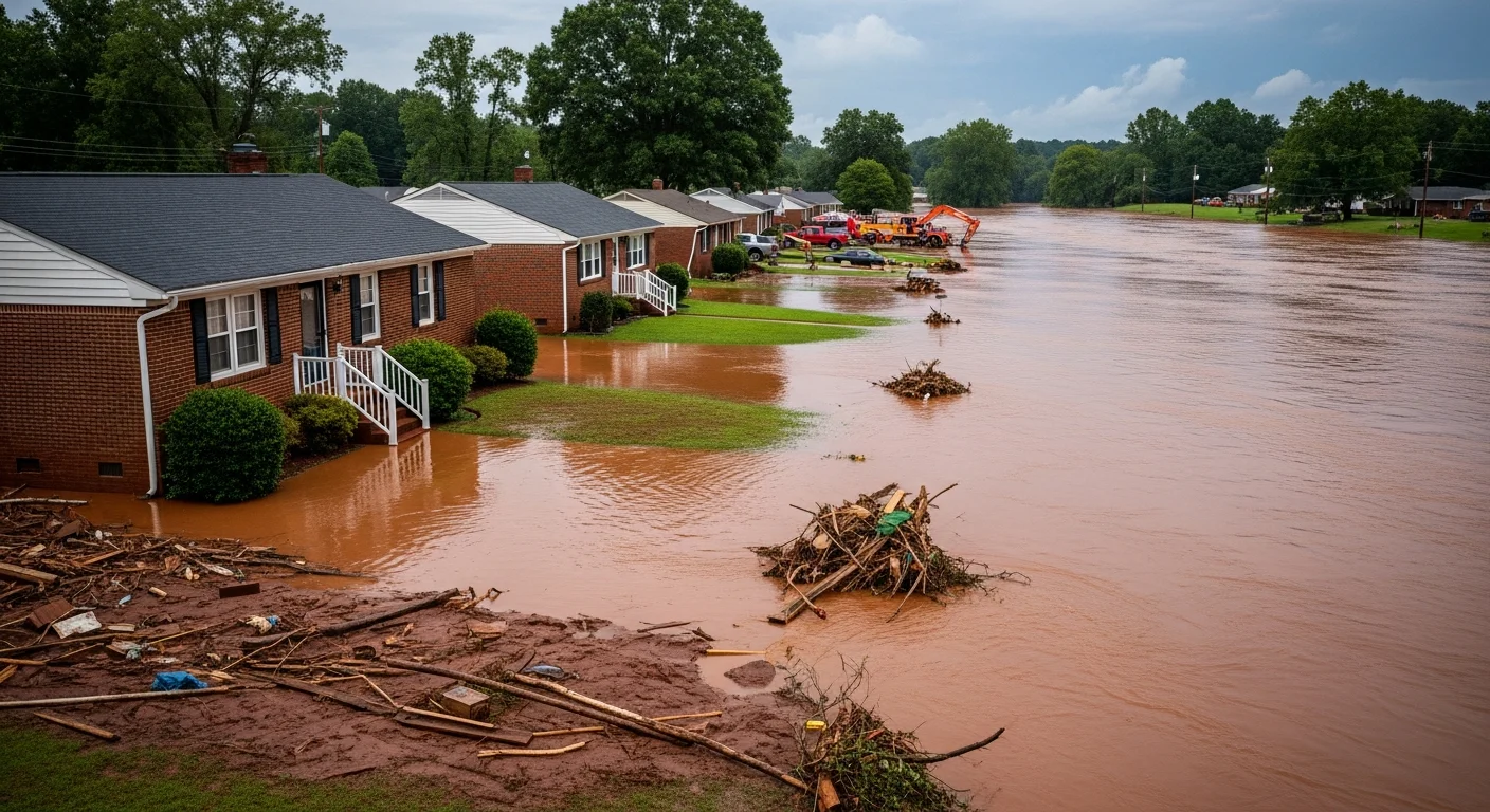 Flooding along the South Fork Catawba River near Gastonia with floodwater reaching residential properties