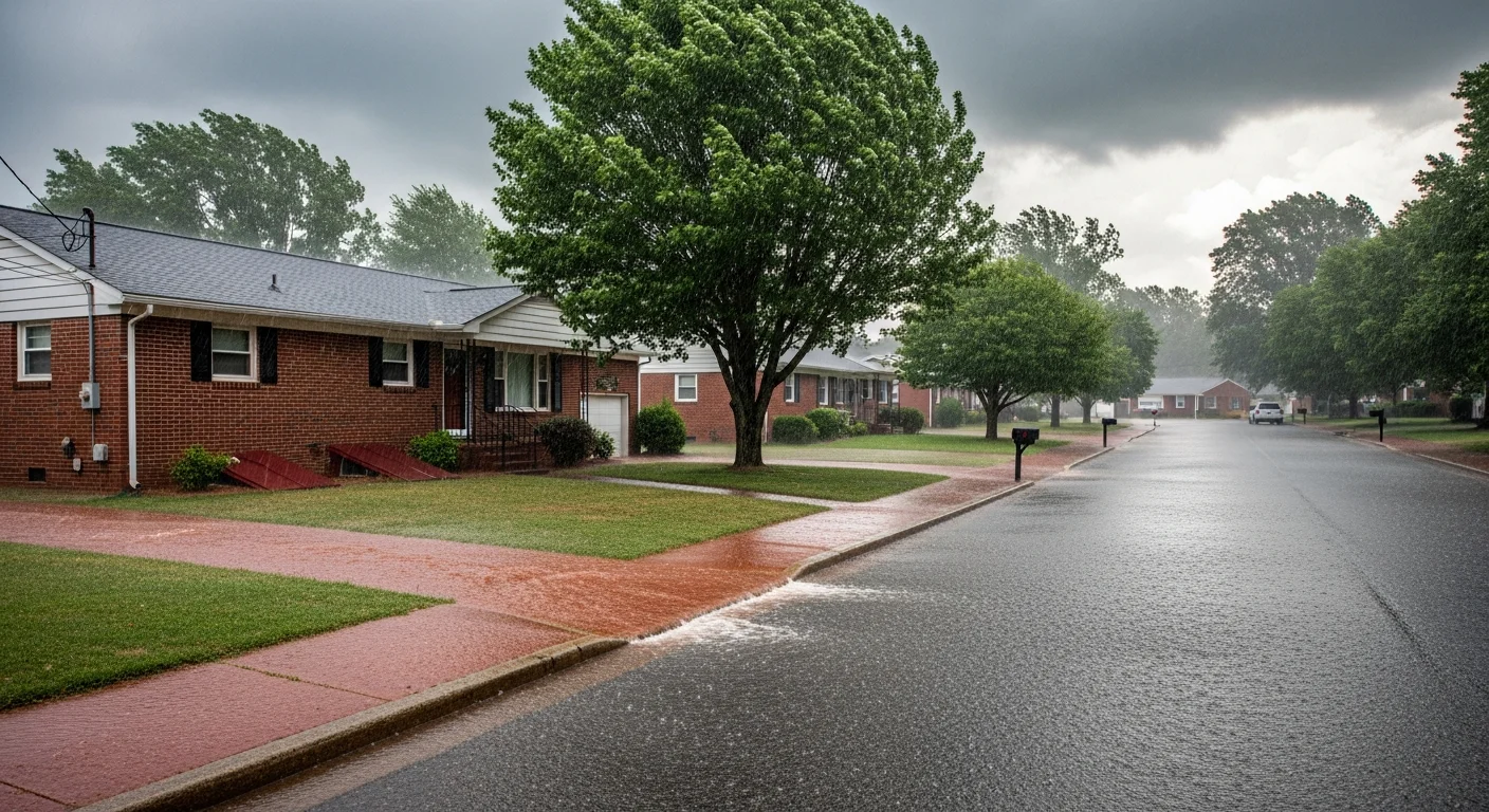 Heavy spring rainstorm flooding a Gastonia NC brick ranch neighborhood with red clay runoff visible in streets