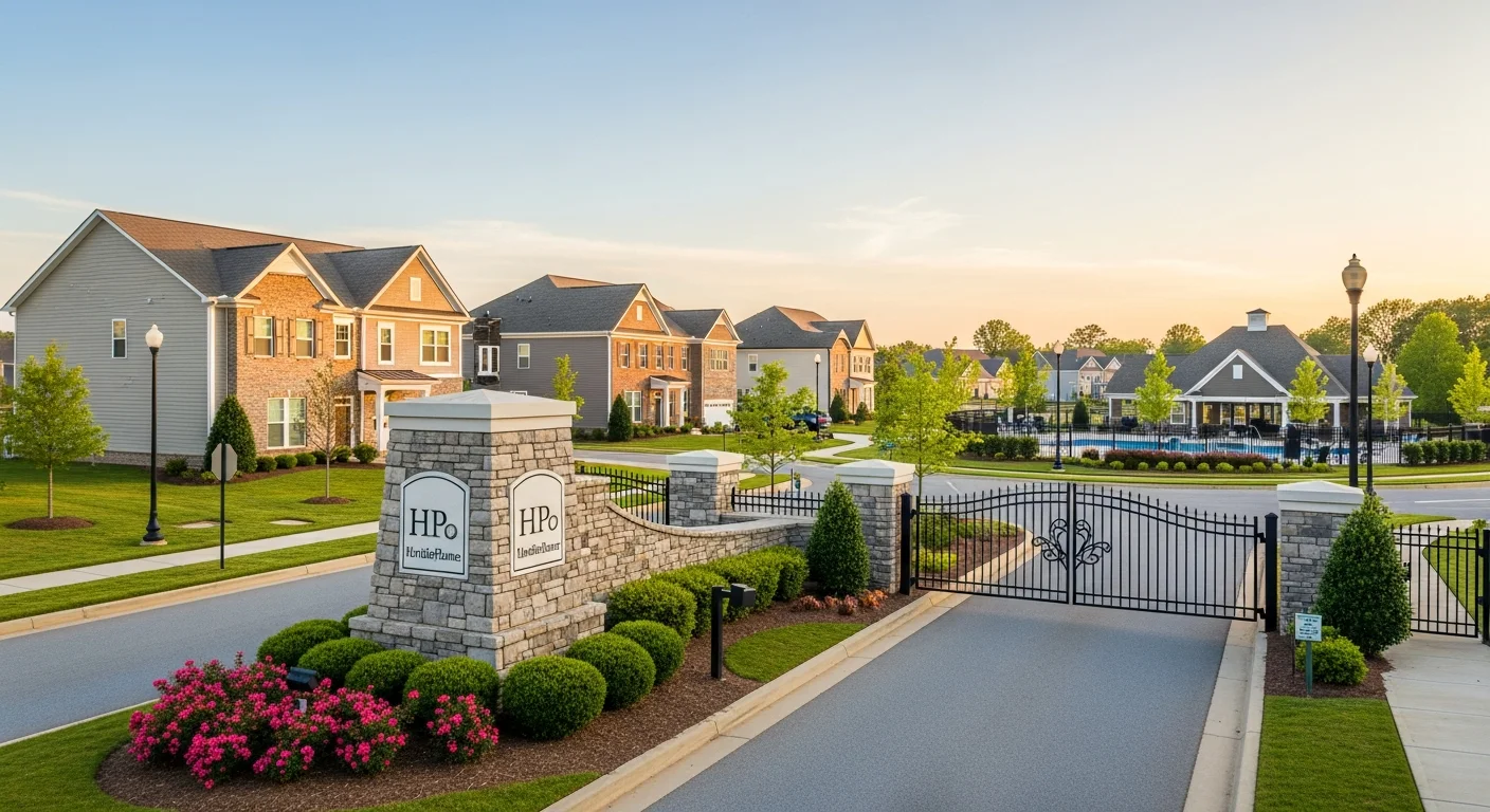 Entrance to an HOA-governed community in Gastonia, North Carolina with manicured landscaping and community signage representing Palm Build HOA restoration service area