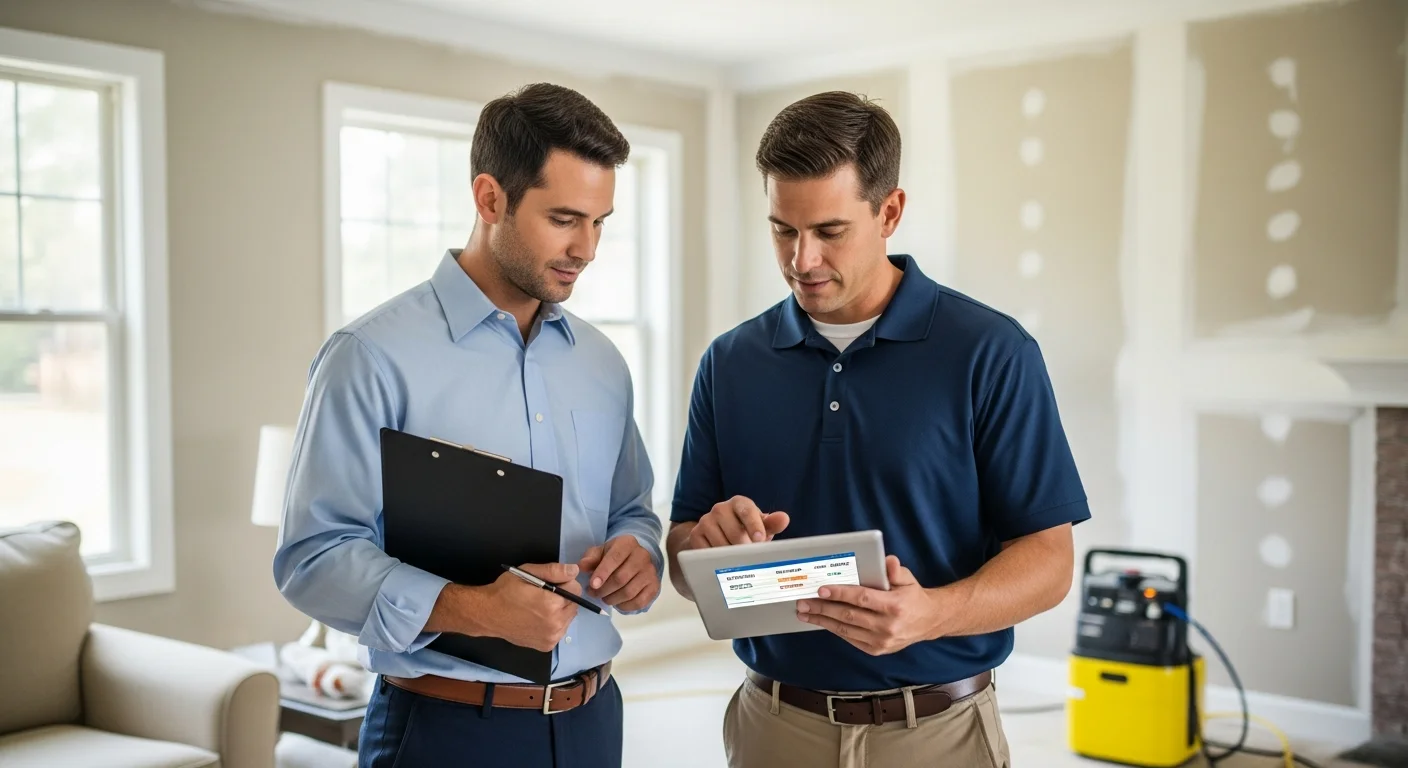 Palm Build large loss project manager reviewing multi-party insurance documentation with an adjuster at a Gastonia, North Carolina commercial property
