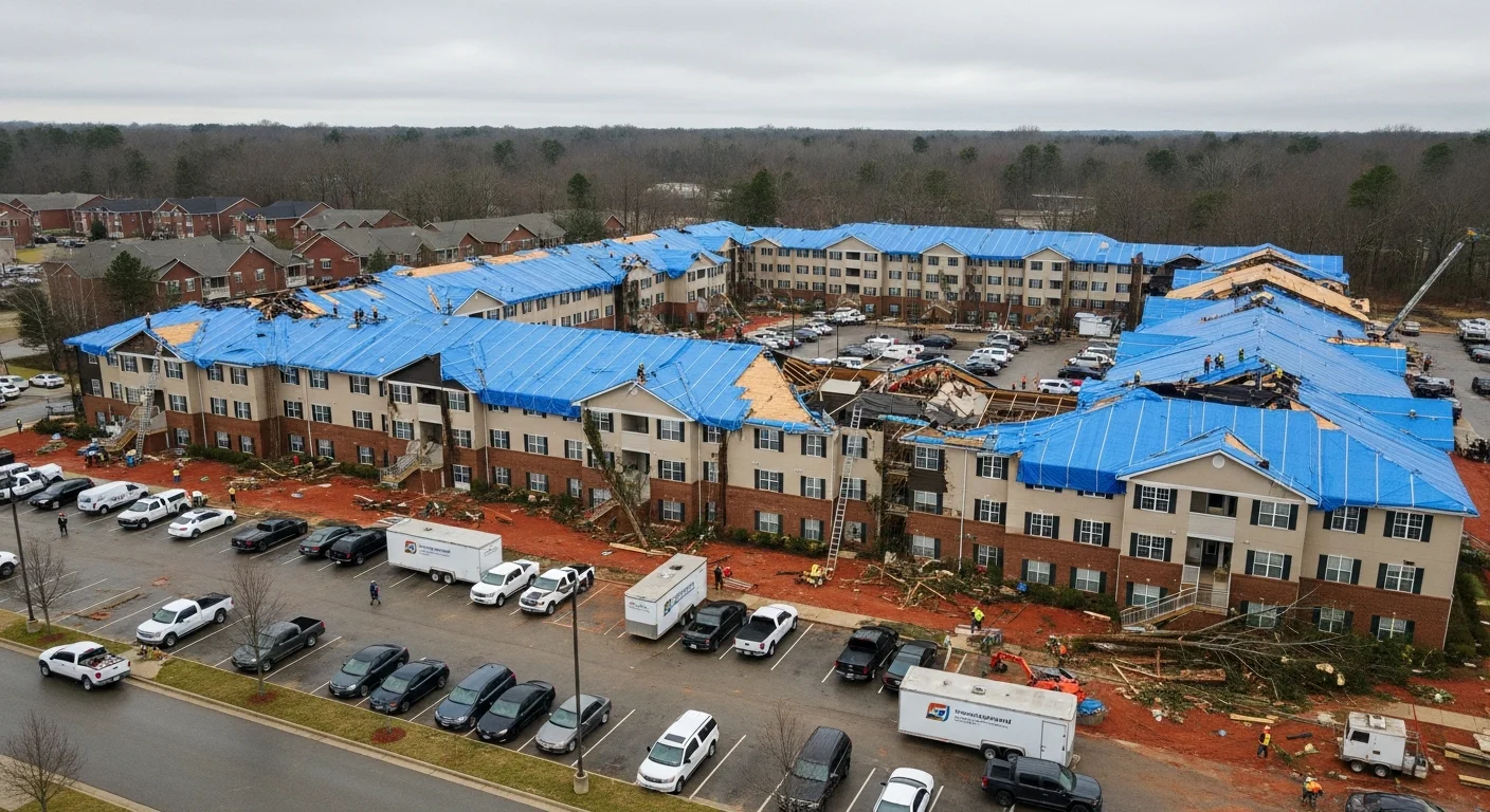 Aerial view of large-scale property damage across a Gastonia, North Carolina neighborhood requiring multi-crew coordinated restoration response from Palm Build