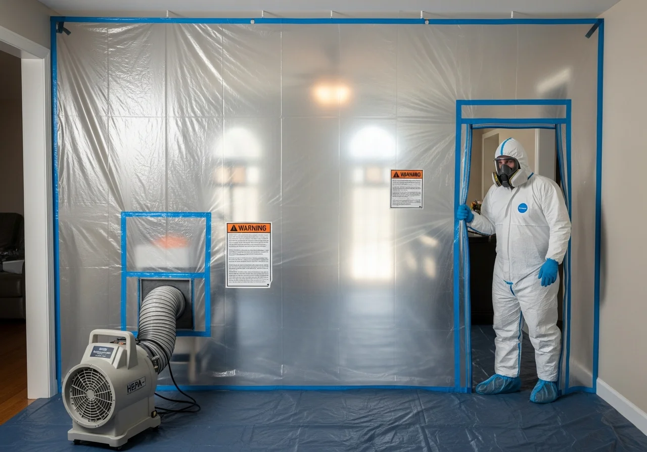 Professional mold remediation containment barrier with HEPA air scrubber setup in a Gastonia NC home