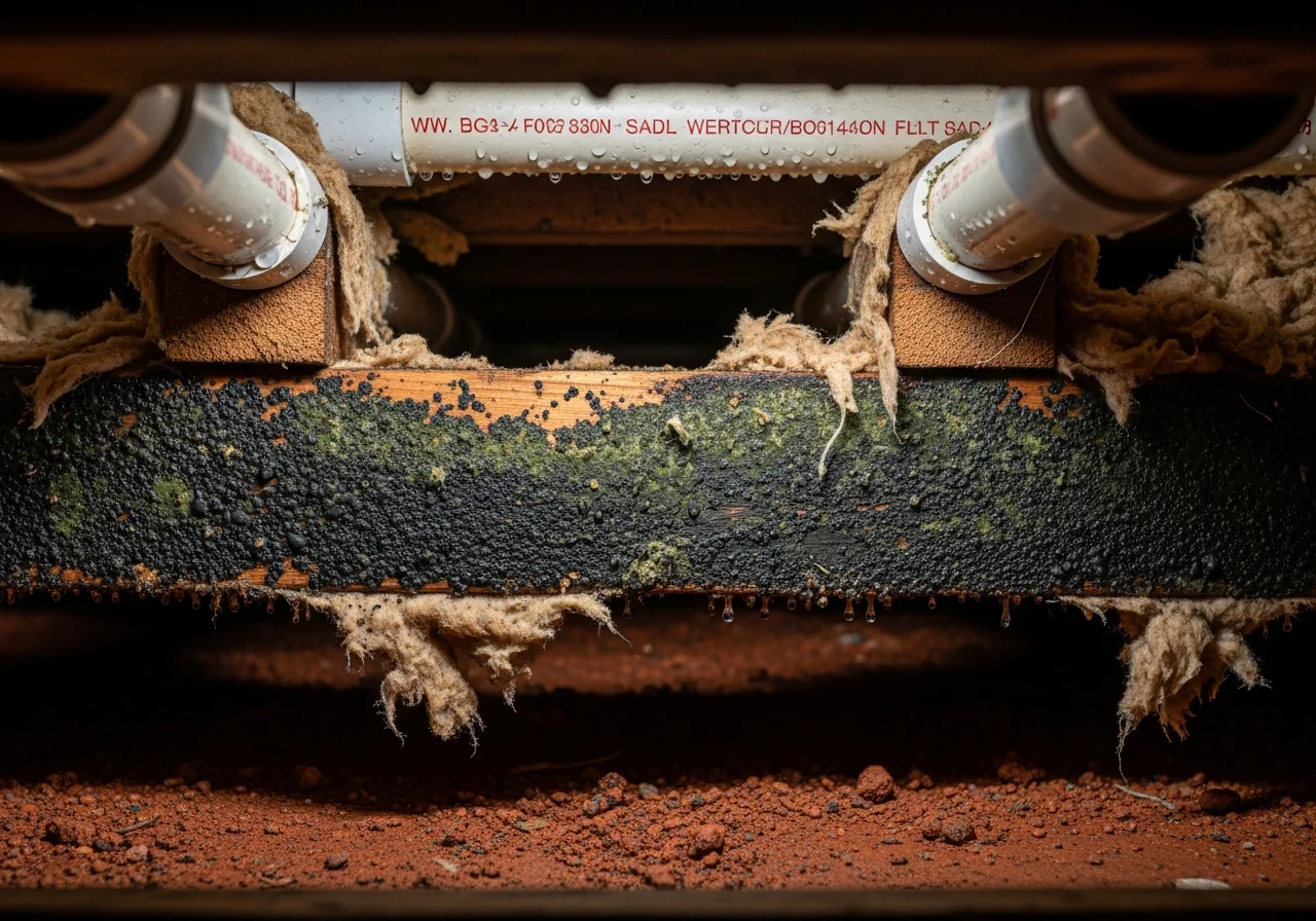 Close-up of mold growth on floor joists in a Gastonia, North Carolina crawl space showing Cladosporium and Penicillium colonization on structural wood