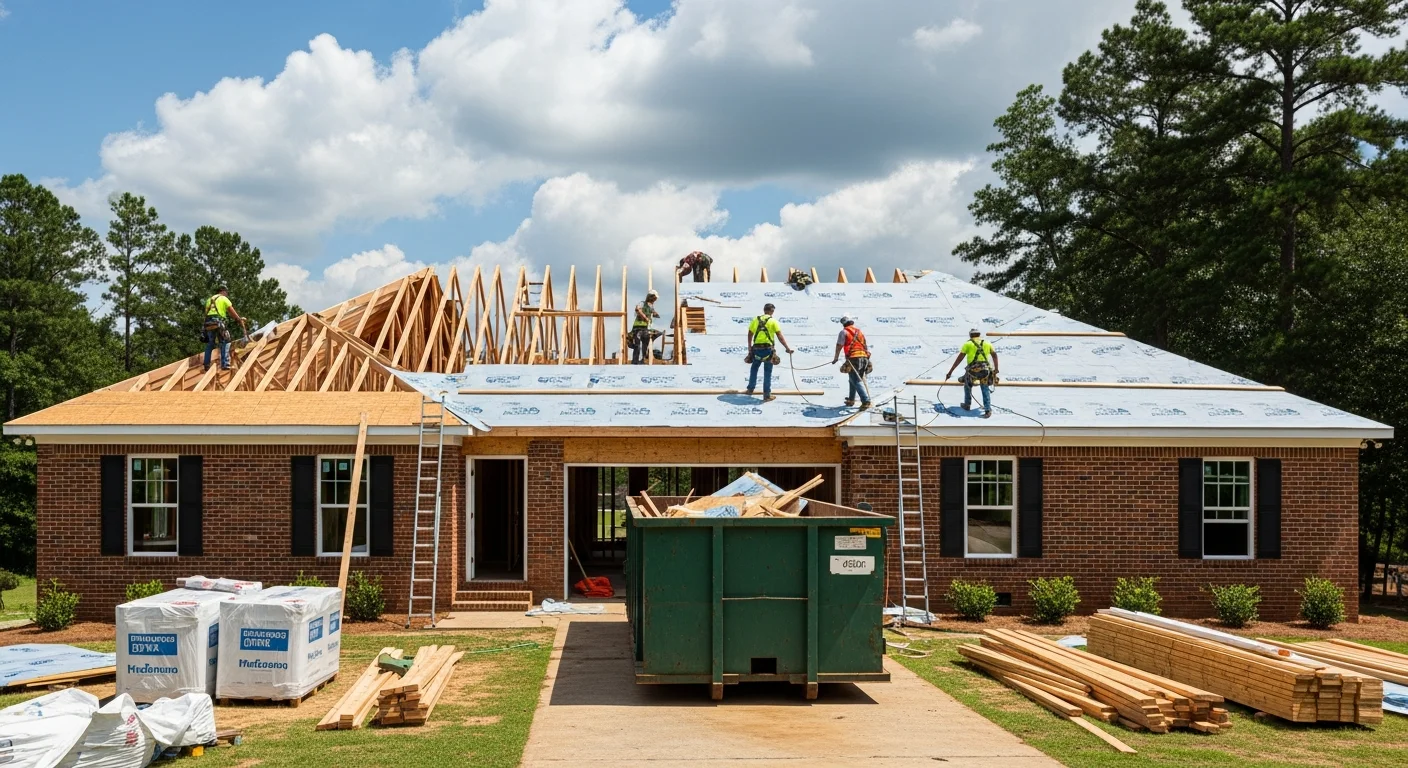Palm Build crew performing roof reconstruction on a Gastonia, North Carolina brick ranch home