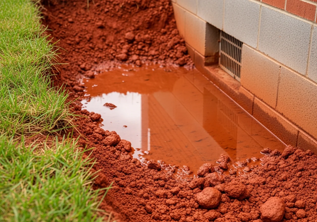 Saturated red Piedmont clay soil pressed against a brick crawl space foundation in Gastonia, North Carolina showing moisture retention and hydrostatic pressure conditions