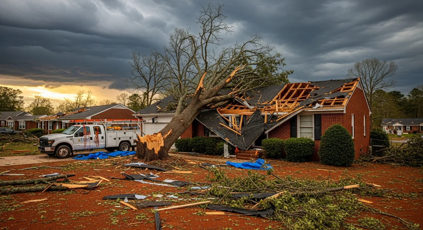 Storm-damaged residential neighborhood in Gastonia NC showing wind damage to brick ranch homes with downed trees and debris across rooflines after severe weather event