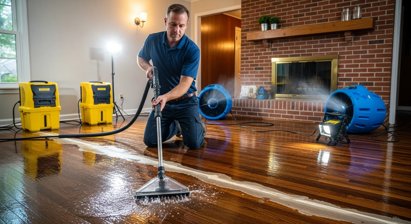 Palm Build technician performing water extraction in a Gastonia, North Carolina brick ranch home with hardwood floors and industrial drying equipment