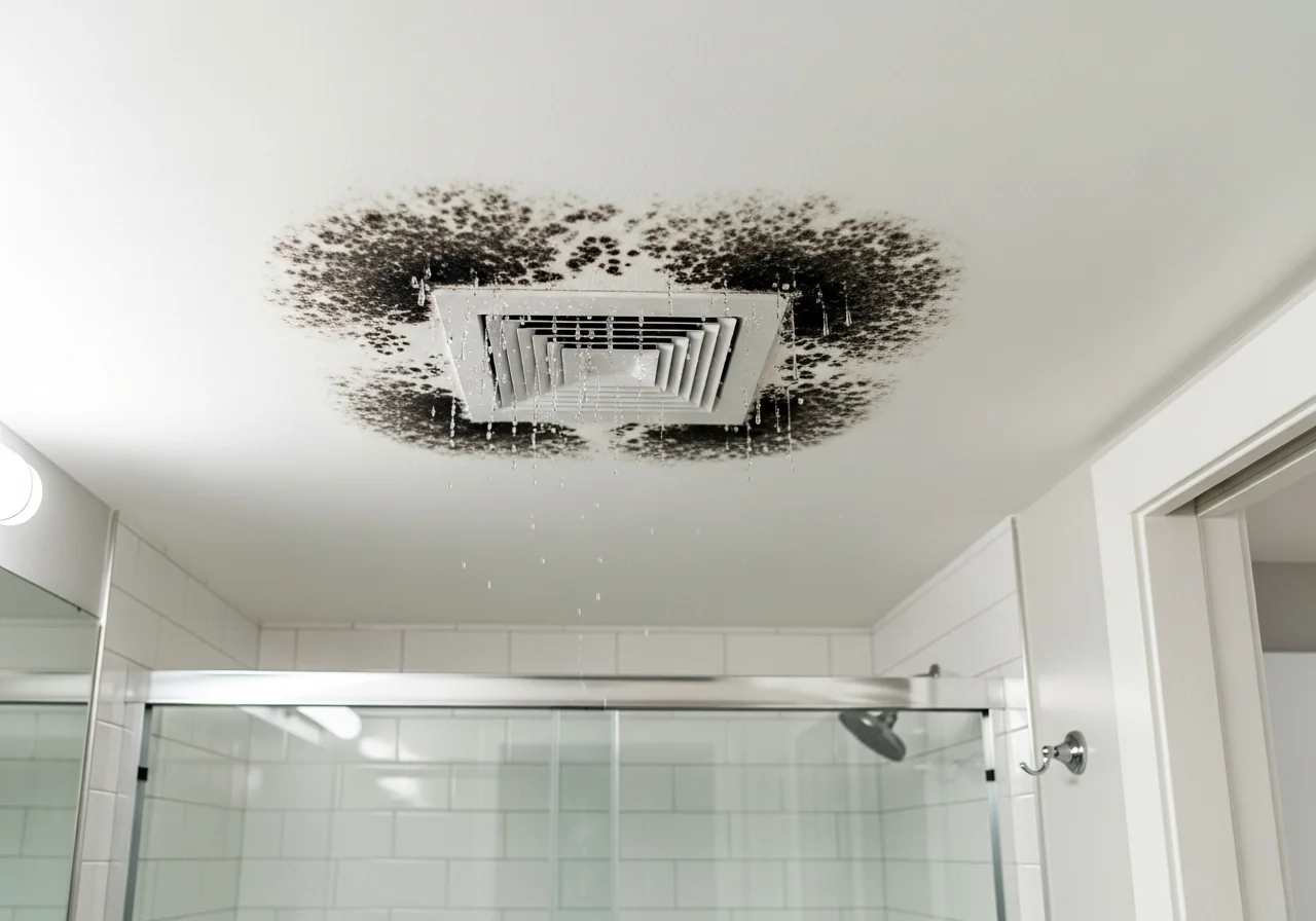 Bathroom ceiling mold growth from poor ventilation and humidity in a Greenacres FL condo