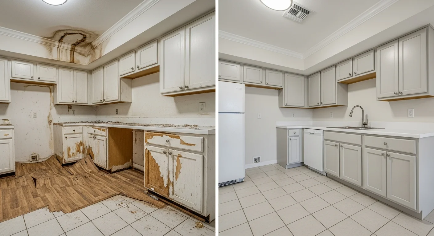 Before and after comparison of condo water damage restoration in Greenacres Florida showing complete remediation and reconstruction