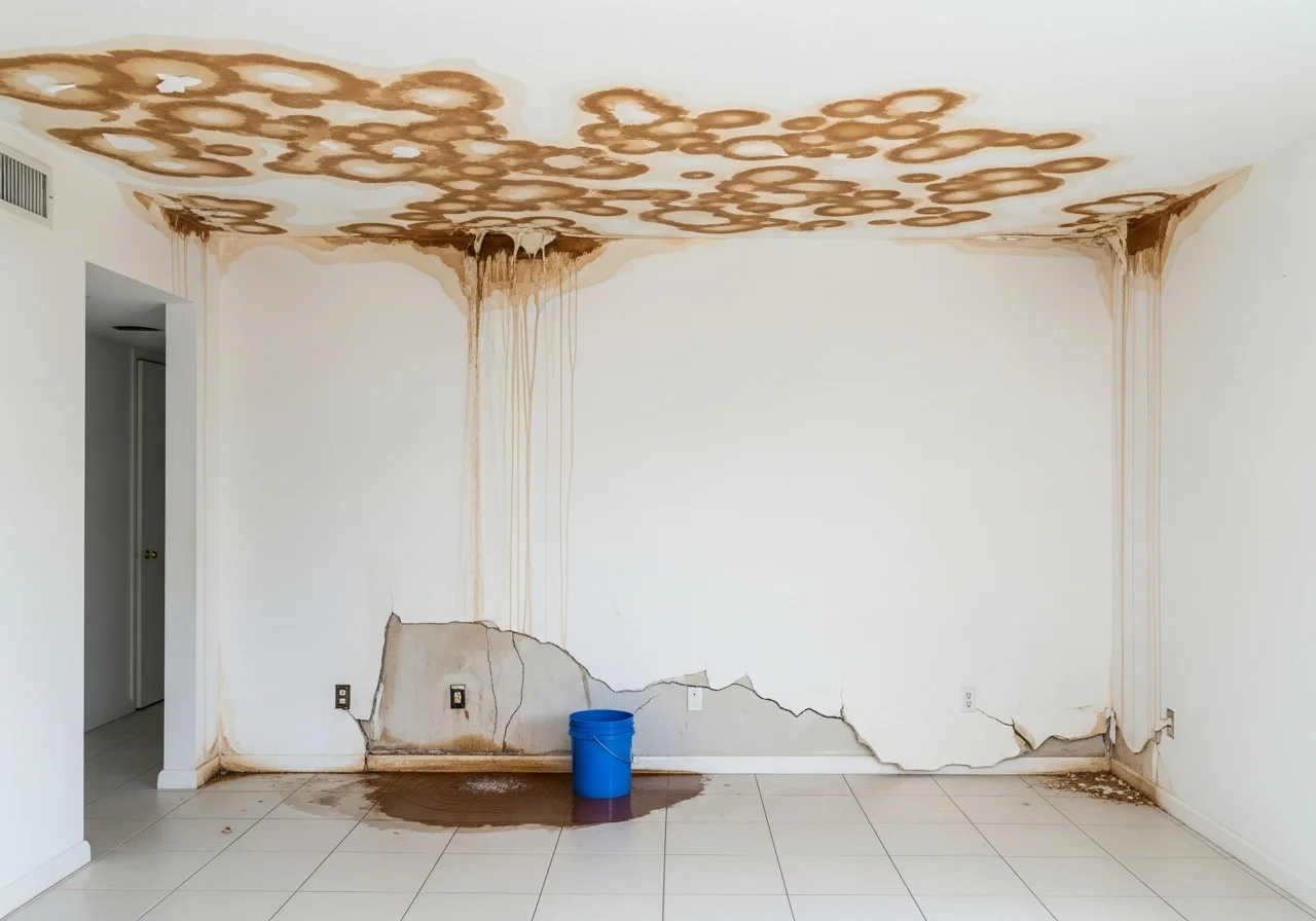 Water damage from a ceiling leak in a Greenacres Florida condo showing moisture spreading through CBS construction