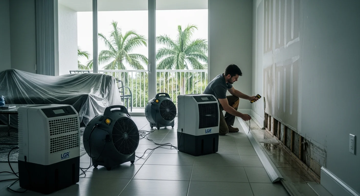 Palm Build restoration team performing water damage restoration inside a Greenacres Florida condo unit with commercial drying equipment