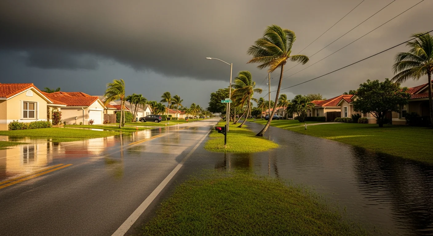 Storm flooding affecting a Greenacres Florida residential area after heavy rainfall overwhelming drainage infrastructure