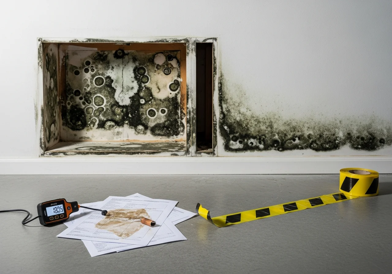 Hidden mold growth discovered behind kitchen cabinets during renovation in a Greenacres FL home