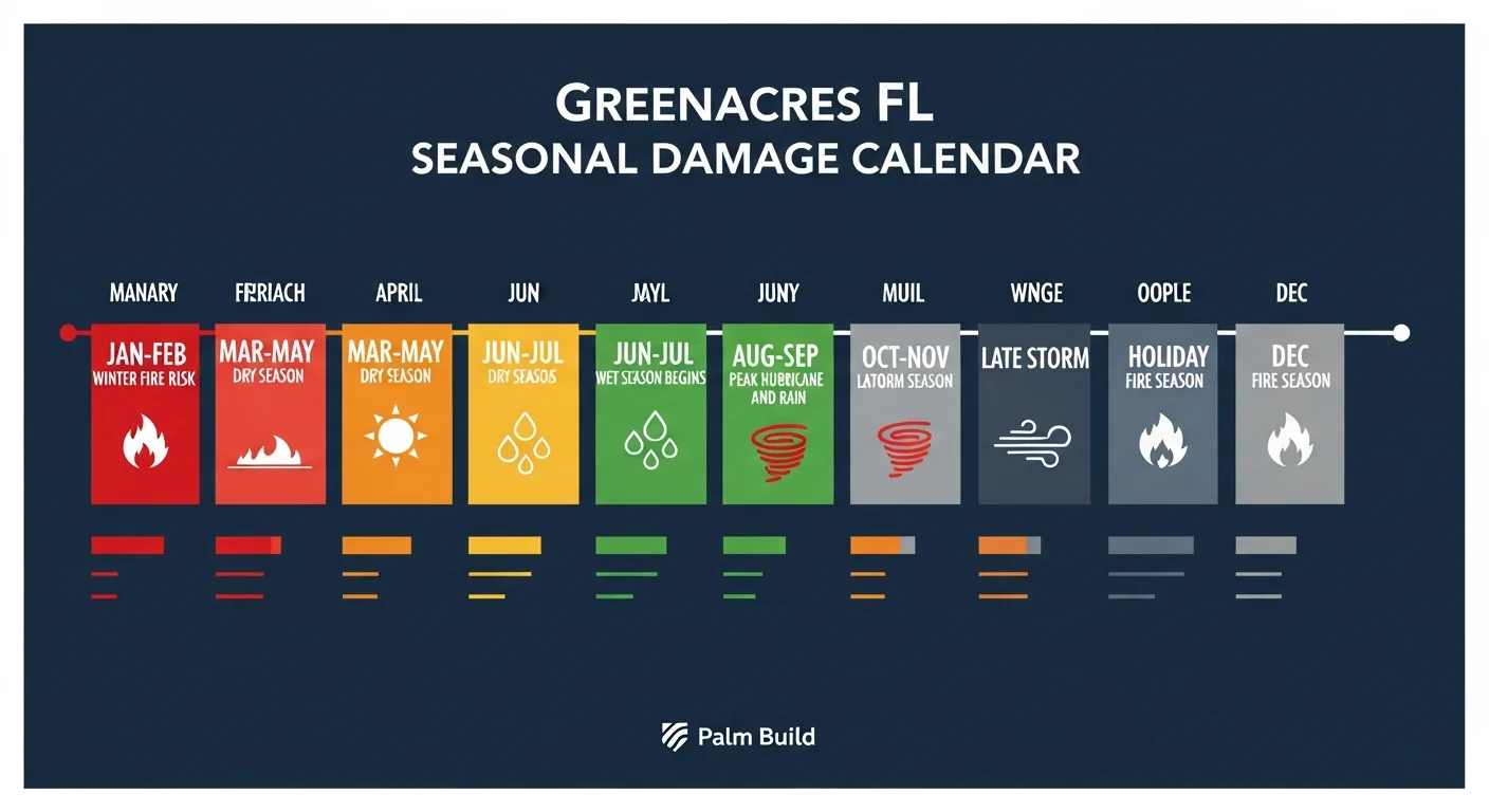 Seasonal water damage risk calendar infographic for Greenacres Florida showing risk levels by month