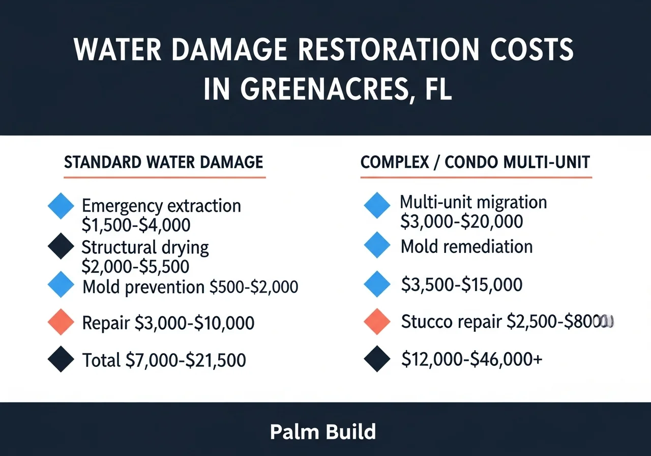 Infographic showing water damage restoration cost ranges for single-family homes and condos in Greenacres Florida