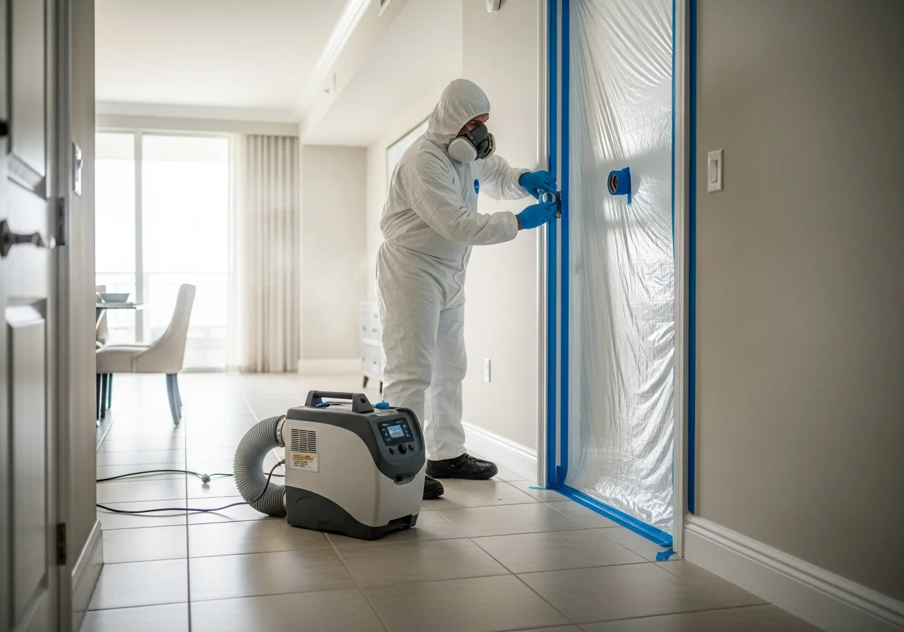 Mold remediation containment setup with HEPA air scrubber and plastic barriers in a Greenacres FL condominium