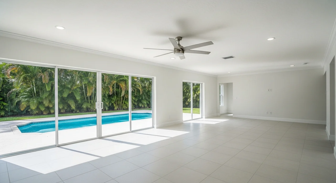 After photo showing fully restored living room in a Greenacres Florida home following water damage restoration by Palm Build
