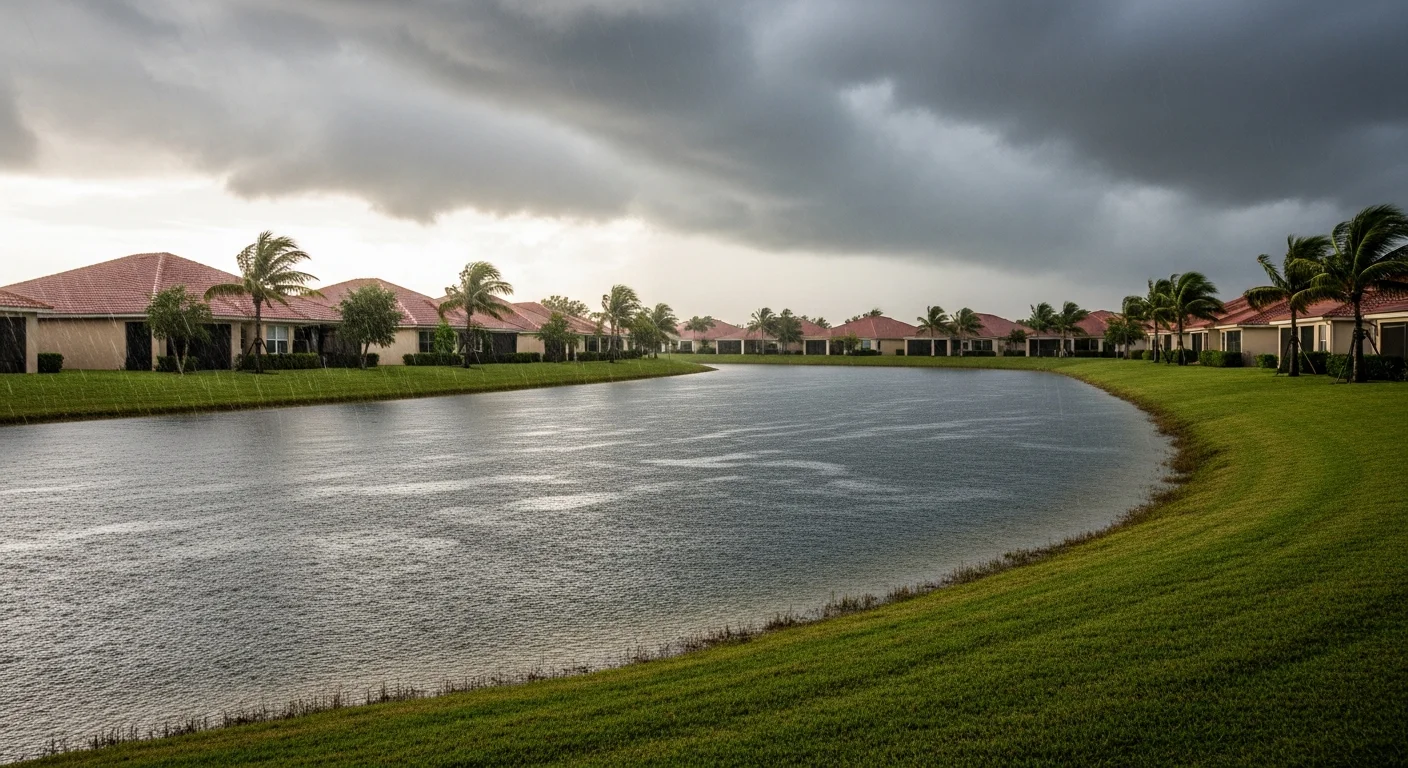 Retention lake overflowing during storm event in Greenacres Florida showing elevated water levels near residential properties