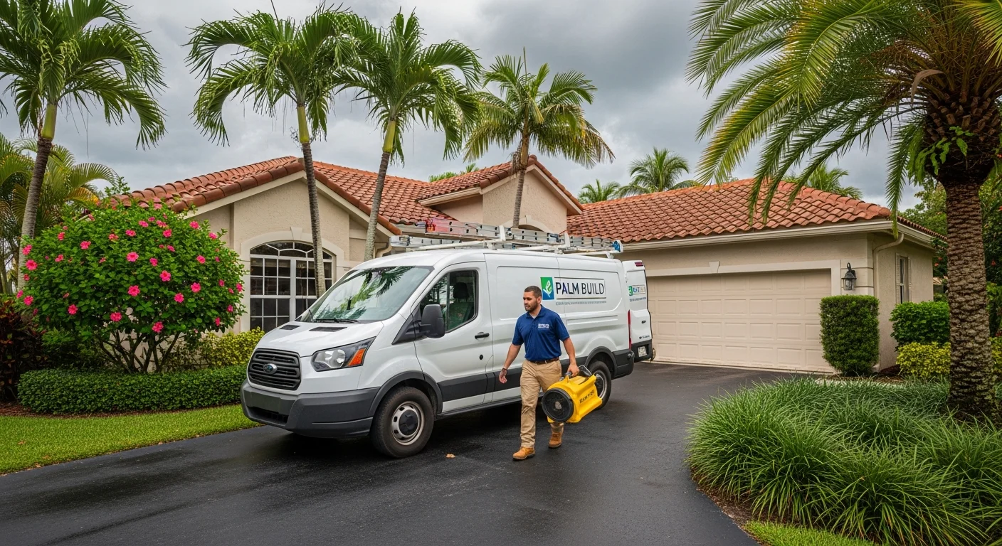 Palm Build restoration truck arriving at a Greenacres, Florida stucco home with tropical landscaping after a tropical rainstorm