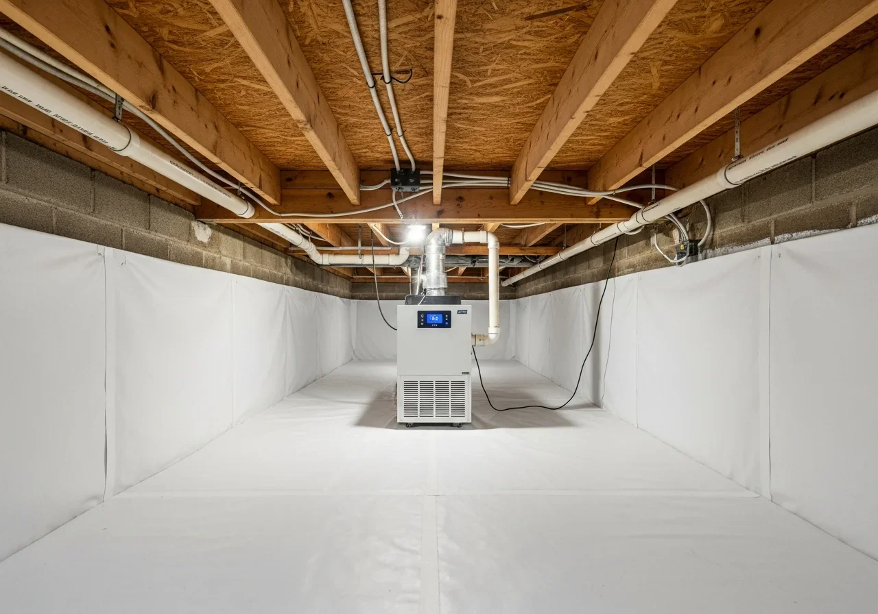 After: Professionally restored and encapsulated Greensboro NC crawl space with clean vapor barrier and dehumidifier