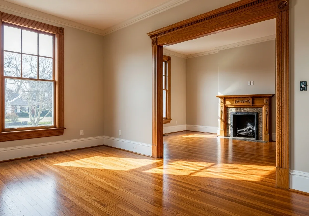After: Fully restored historic Greensboro NC home interior with refinished hardwood floors and fresh plaster walls