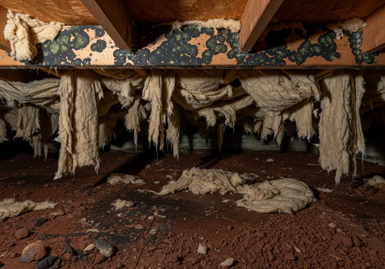 Before: Water-damaged Greensboro NC crawl space with moisture damage on floor joists and degraded vapor barrier