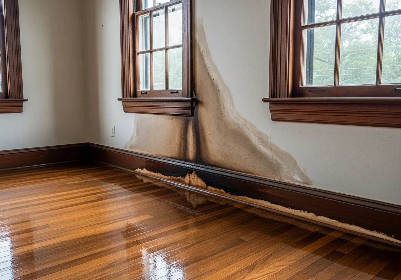 Before: Water-damaged historic Greensboro NC brick home interior with wet hardwood floors and wall staining