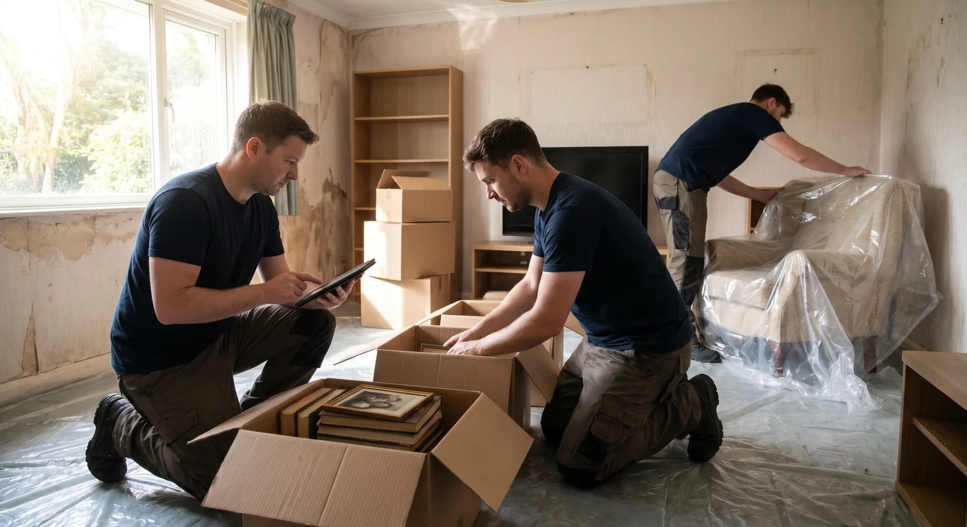 Palm Build crew inventorying and packing household contents into climate-controlled storage after damage at a Greensboro NC home