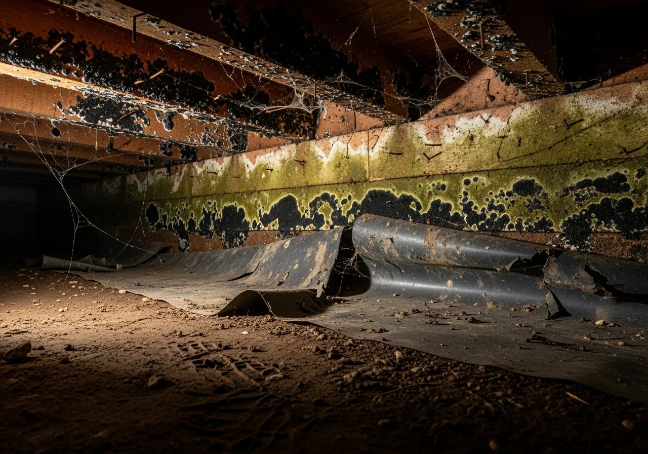 Mold growing on wood floor joists in a Greensboro North Carolina crawl space — typical Piedmont NC conditions