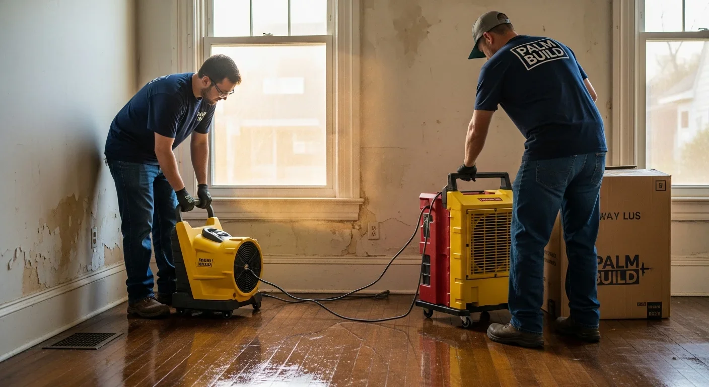 Palm Build restoration team setting up professional drying equipment inside a historic brick home in Greensboro North Carolina