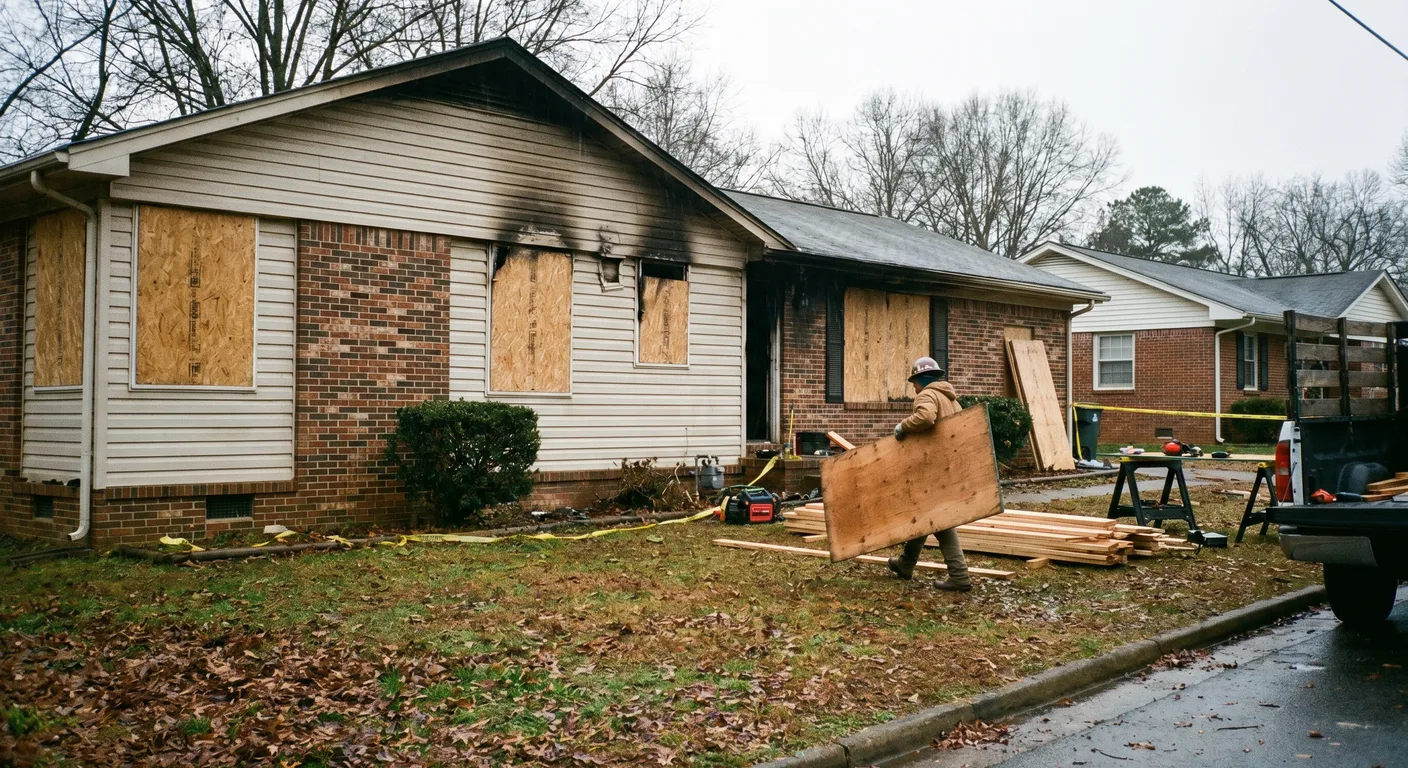 Emergency board-up service on a fire-damaged Greensboro NC home