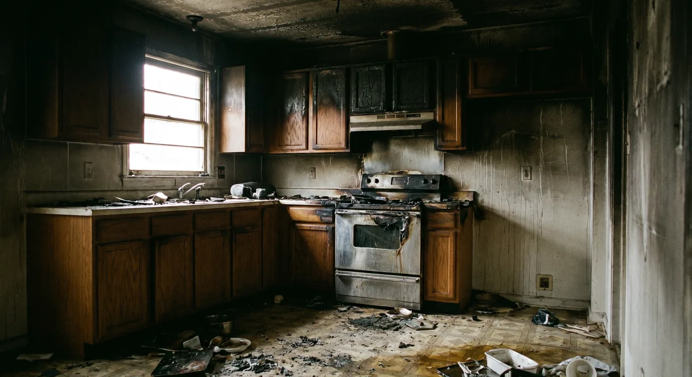 Fire-damaged kitchen in a Greensboro NC home with charred cabinets and heavy soot