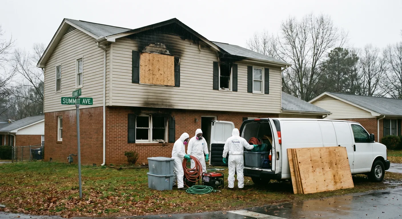 Palm Build technician in full PPE assessing soot-blackened walls inside a fire-damaged Greensboro NC brick-veneer home