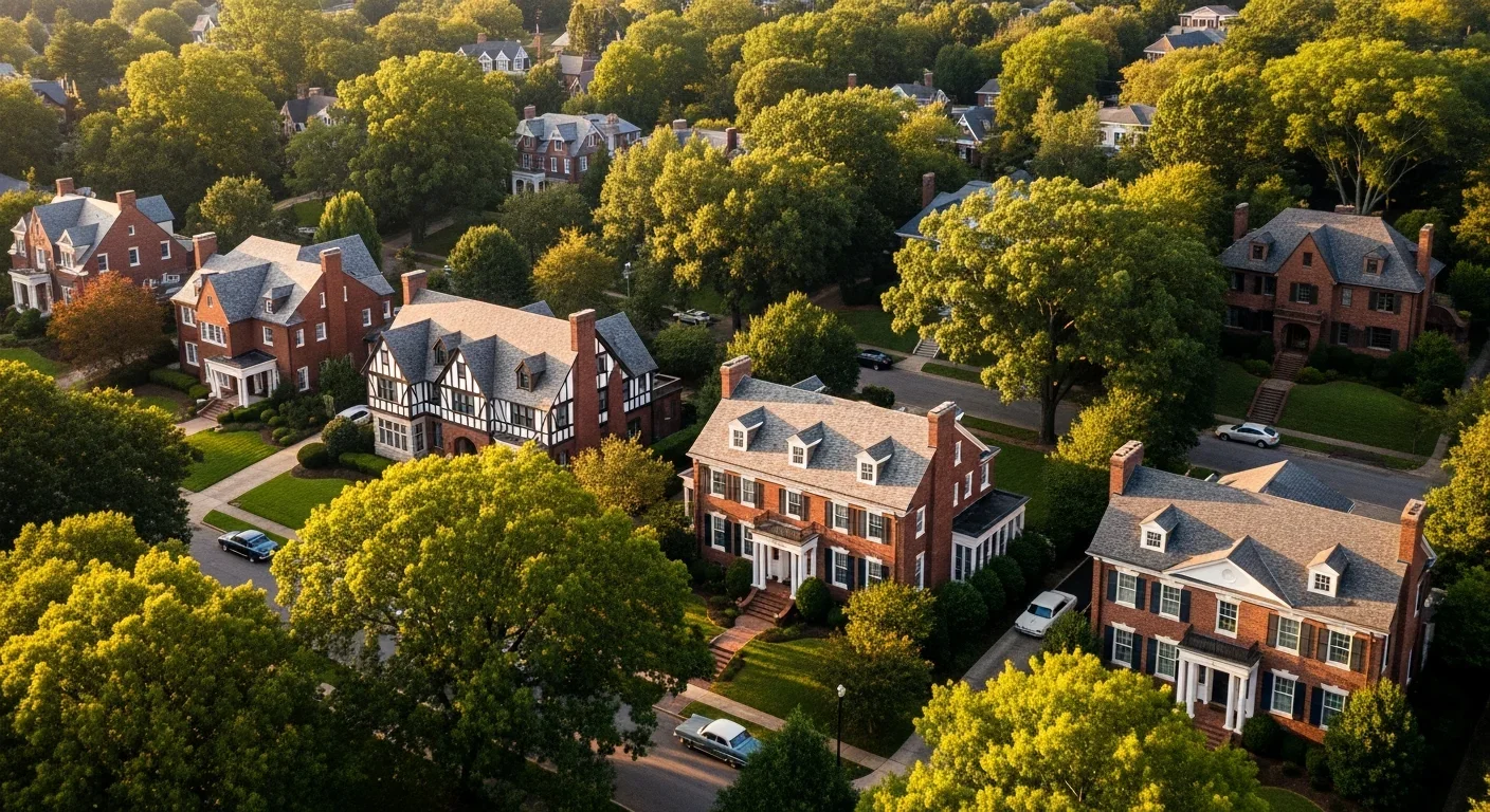 Irving Park historic neighborhood in Greensboro NC with mature hardwoods lining brick-veneer homes on tree-canopied streets