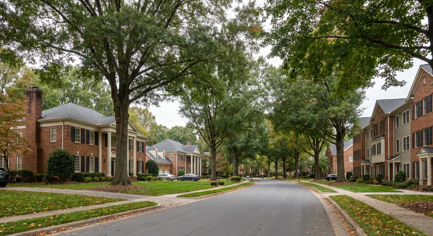 Brick Colonial condo and townhome community in Greensboro NC under mature hardwoods, representing HOA-governed Piedmont Triad properties