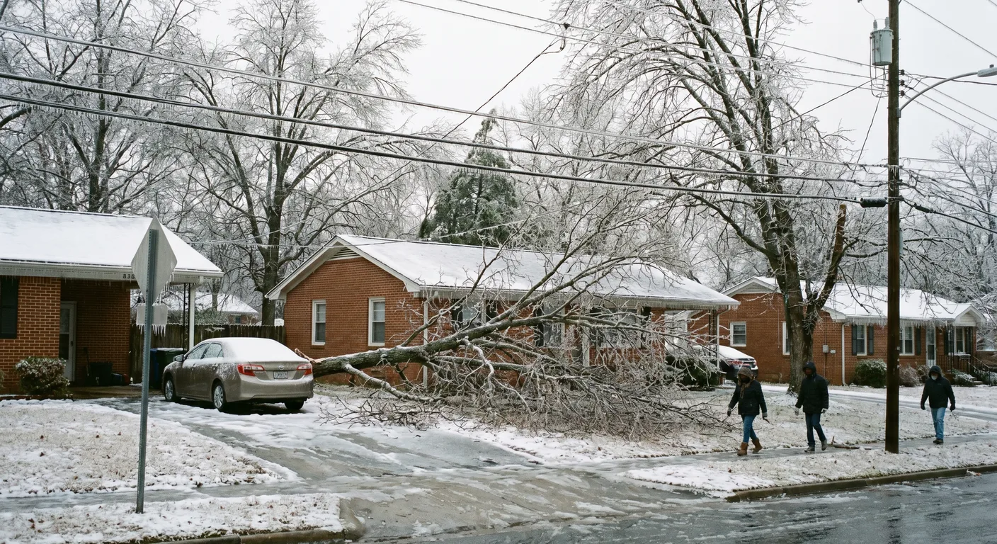 Ice storm damage to the roof of a Greensboro NC brick home with ice-laden limbs after a Piedmont Triad winter storm