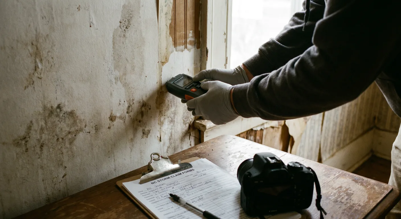 hands documenting damage with moisture meter + claim forms in a Greensboro NC home.