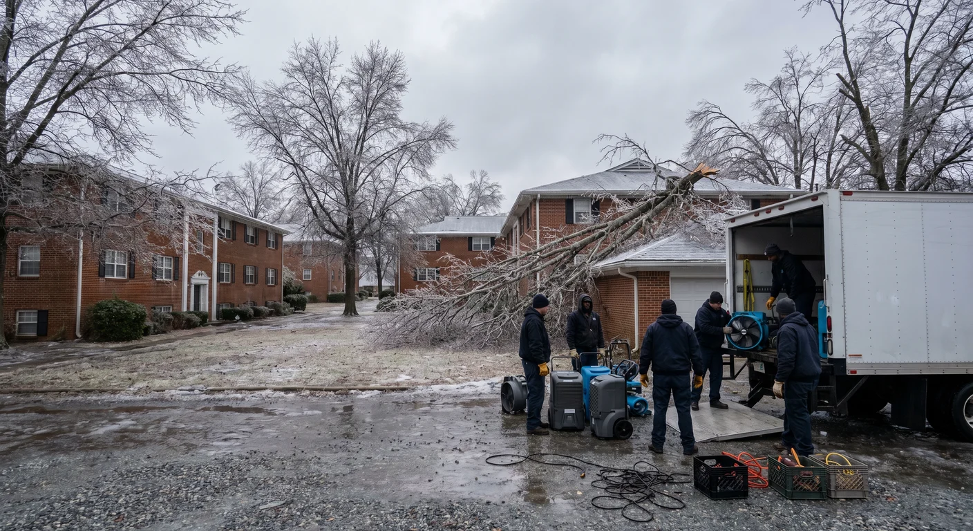 Large-scale structural damage at a multi-building Greensboro NC property after a severe ice storm, with Palm Build large loss crew and drying equipment staged for coordinated catastrophe restoration