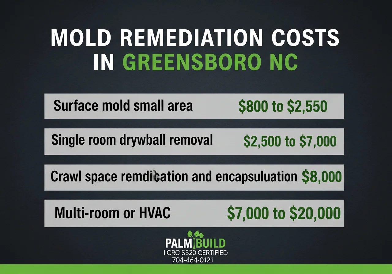 Mold remediation cost infographic for Greensboro NC showing price ranges by scope
