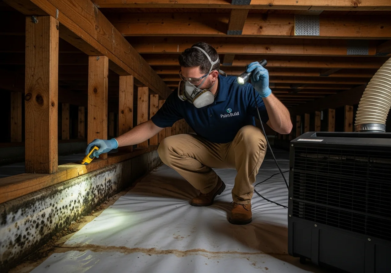Palm Build IICRC-certified technician assessing mold in a Greensboro North Carolina home crawl space with moisture meter and flashlight